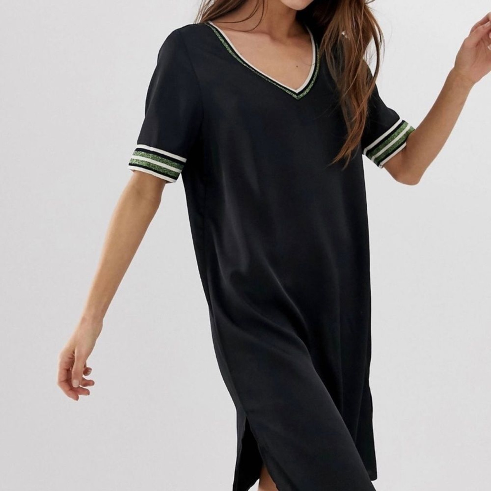Scotch & Soda Dress Womens Small Black Shift Sporty Green Glitter Stripe
